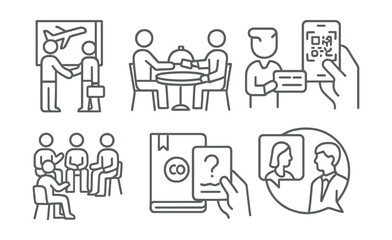 Business communication icons set – travel, meeting, qr code, presentation, networking