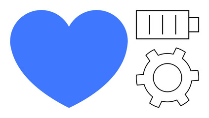 Blue heart, battery, and gear icons symbolize love, energy, and mechanism. Ideal for health, technology, sustainability, innovation emotion motivation simple landing page
