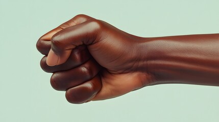 Close-up of a dark brown fist, knuckles clenched, against a pale teal background.  The image focuses on texture and form, conveying strength and determination.