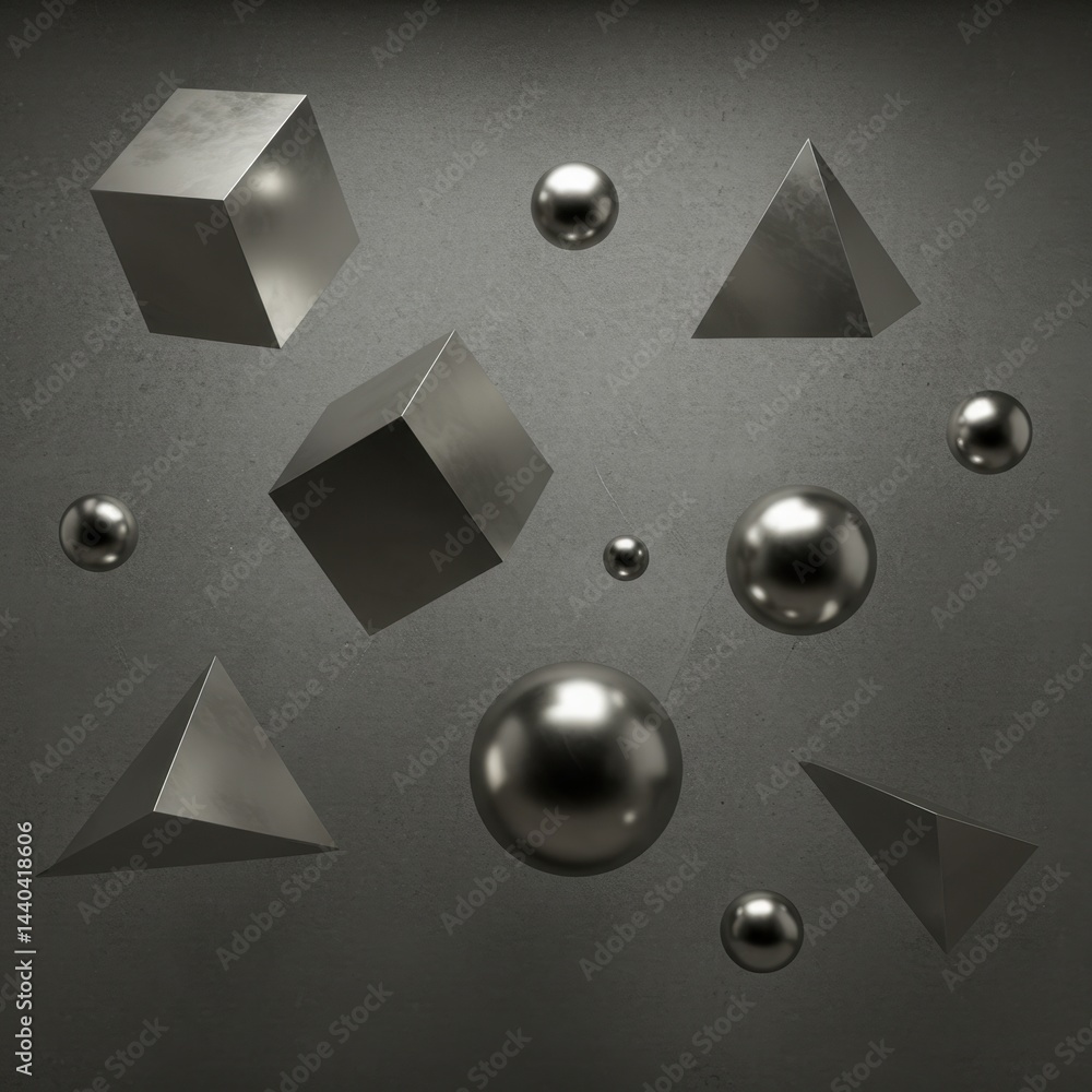 Poster abstract 3d rendering of floating metallic geometric shapes against a dark gray background: cubes, s