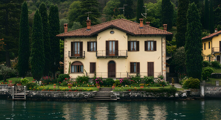 Obraz premium Elegant Italian Villa By Serene Waters With Lush Cypress Trees
