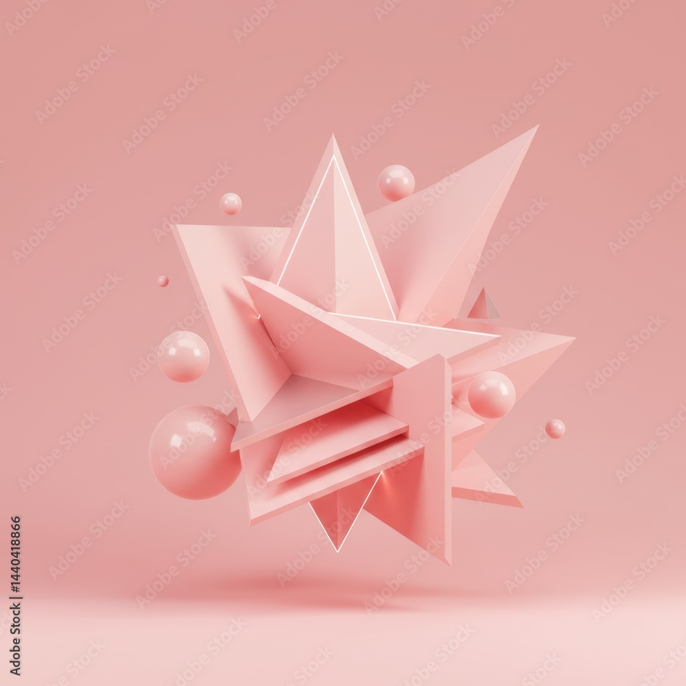 Aufkleber abstract pink geometric shapes composition: a 3d render of interlocking triangles and spheres agains