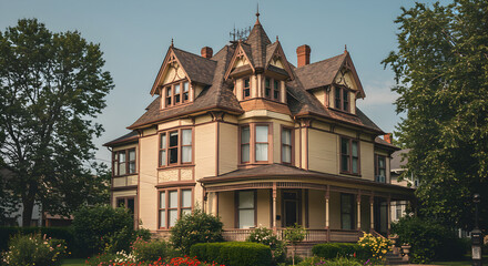 Beautiful Victorian Home With Landscape Garden On A Sunny Day