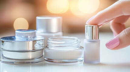 Close-up of a hand selecting a skincare product from a group of jars and containers.