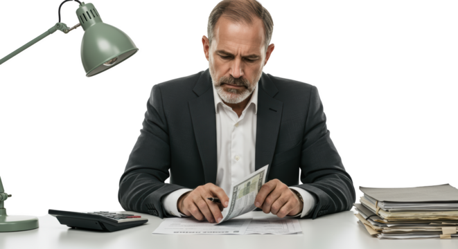 Concentrated Man Reviewing Financial Documents Under Desk Lamp
