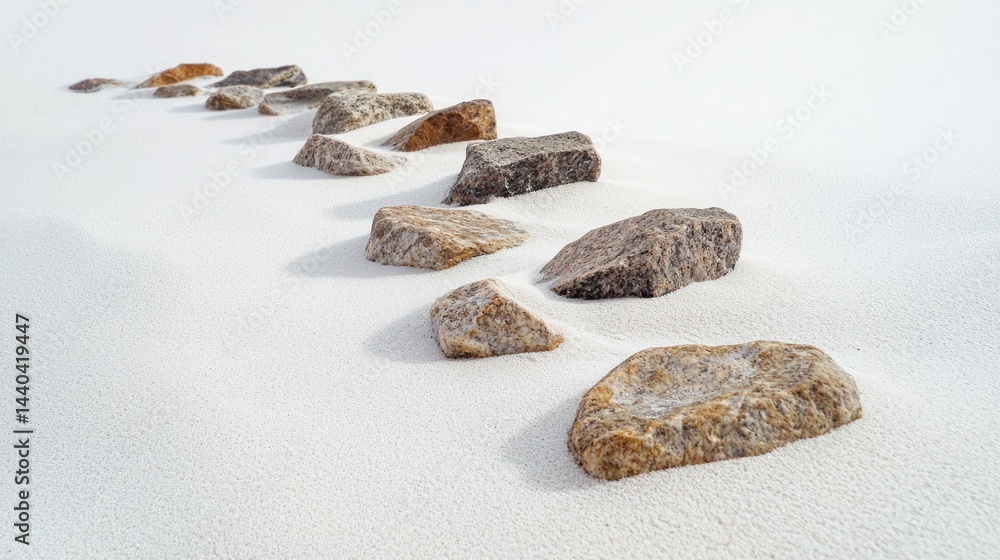 Poster natural rock formations arranged in a path-like structure on a fine sand surface on a white backgrou
