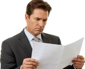 Concerned Businessman Examining Documents with a Focused and Serious Expression