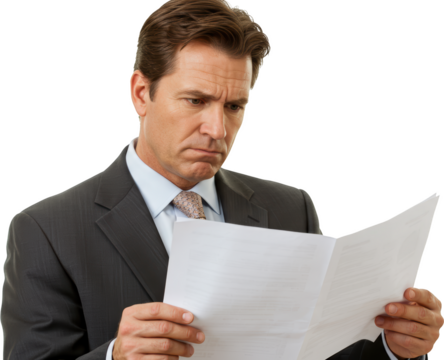 Concerned Businessman Examining Documents with a Focused and Serious Expression