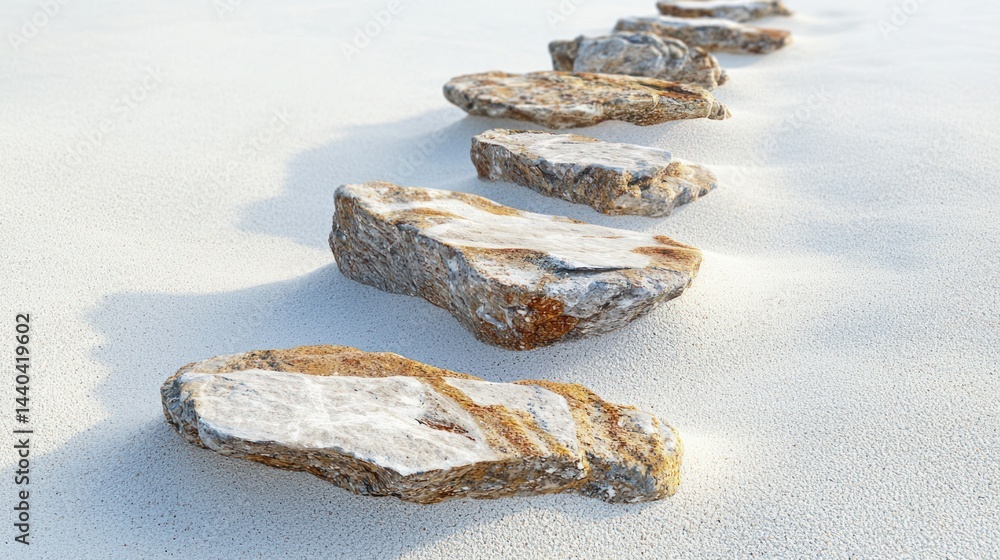 Poster natural rock formations arranged in a path-like structure on a fine sand surface on a white backgrou
