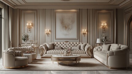 Opulent Living Room Interior Design: Beige and Gold Luxury Furniture