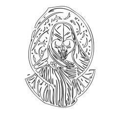 Monochrome digital artwork displaying an intricate dark helmeted figure illustration