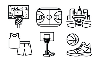 Comprehensive basketball icons set – court, hoop, ball, jersey, sneakers