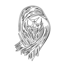 Eerie monochrome depiction of a skull shrouded in flowing, dark ethereal veils