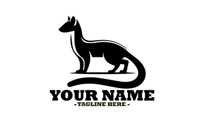 Elegant black silhouette of a civet cat with a long, curved tail standing gracefully. Exotic mammal illustration concept, civet line art silhouette vector illustration and civet logo icon