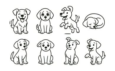 Adorable dog icons set – happy, sad, playful, sleeping, sitting, jumping, cartoon, outline, pet