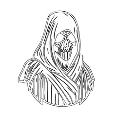 Monochrome skull within hood figure representing mortality and darkness imagery