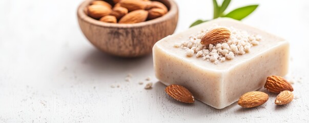 Fototapeta premium Almond Soap Bar with Almonds and Wood Bowl, handmade , skincare