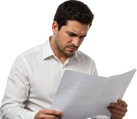 Concerned man in white shirt intently reading document with furrowed brow