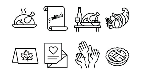 Thanksgiving celebration icons set – turkey, gratitude, feast, cornucopia, greeting, pie, hands