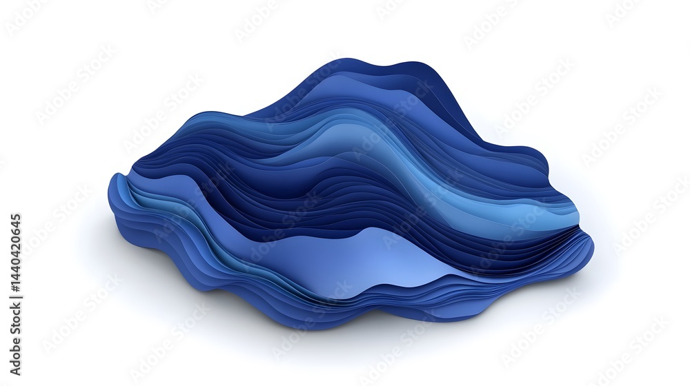 Poster abstract 3d rendering of layered blue waves. organic, flowing form isolated on white background. per