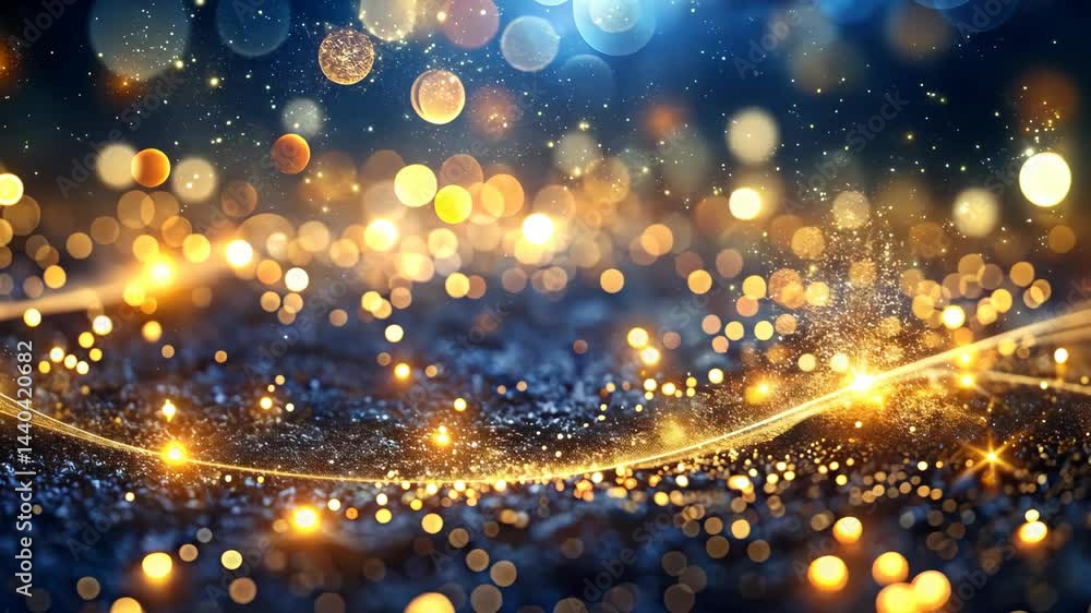 Poster golden particles shimmering on a dark, elegant backdrop with bokeh lights