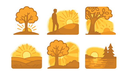Nature icons set – sunrise, trees, landscape, sunset, hills, outdoors