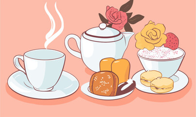 Elegant Tea Time Scene with Sweets and Roses Minimalist Vector Illustration