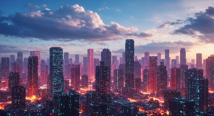 Fototapeta premium Futuristic City Skyline at Sunset