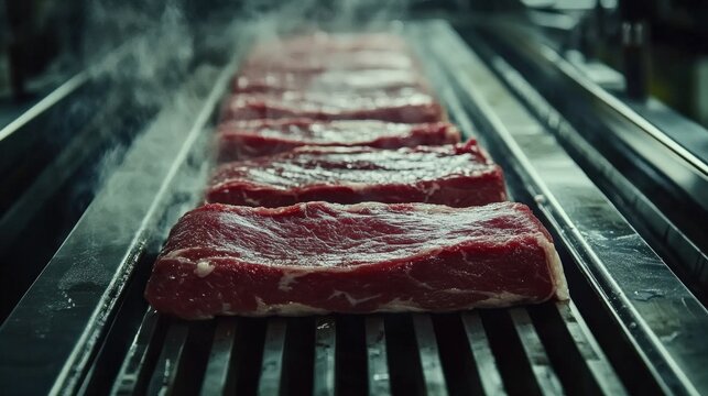 Fresh cuts of red meat sizzling on a grill in a busy kitchen, with steam rising in the background