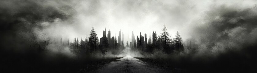 A haunting road leads through dense fog to shadowy silhouettes of skyscrapers and trees, creating a mysterious atmosphere, Ideal for themes related to horror, mystery, or urban exploration,