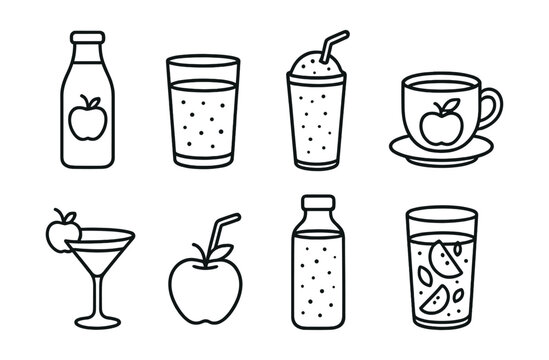 Apple beverage icons set – juice, smoothie, tea, cocktail, fruit, glass, drink, fresh, bottle, cup