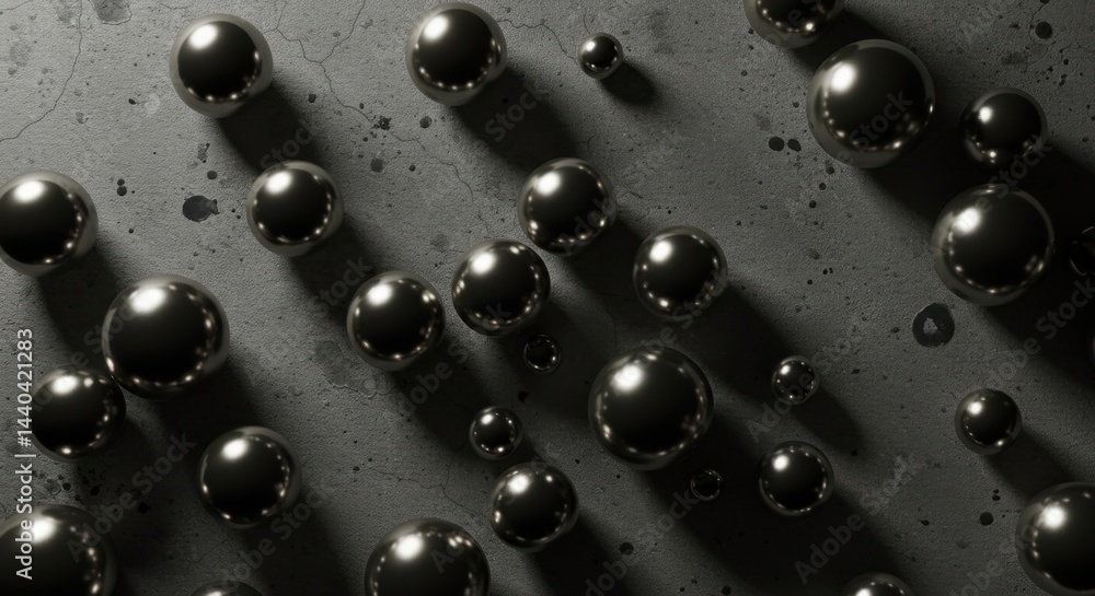 Poster abstract dark grey background with scattered metallic spheres: a study in light and shadow