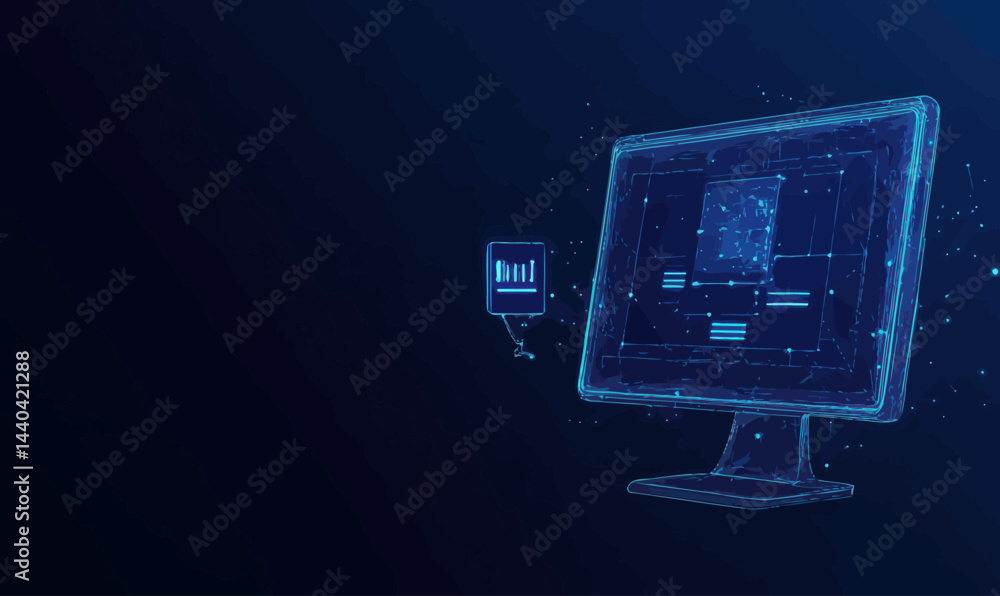 Poster futuristic ai system on computer with speech bar in low poly wireframe vector
