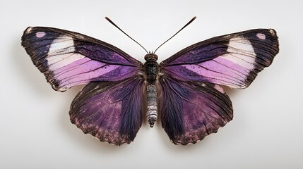 Obraz premium A stunning purple and brown butterfly with intricate wing patterns, displayed against a clean white background. The detailed image showcases its delicate texture and vibrant colors.