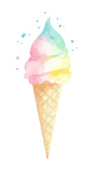 Colorful Watercolor Ice Cream Cone Illustration in Minimalist Flat SVG Style