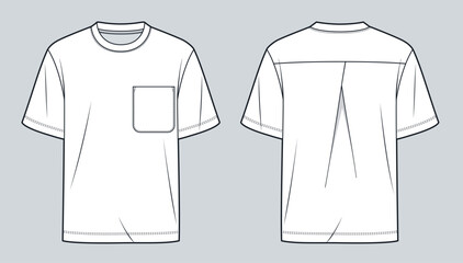 Naklejka premium Blank White T-Shirt Template with Pocket - Front and Back Flat Sketch. Unisex Tee Shirt technical fashion illustration, relaxed fit, women, men, unisex CAD mockup.