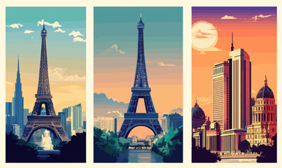 Retro Travel Destination Posters: Paris, New York, Tokyo Vintage Minimalist Vector Art