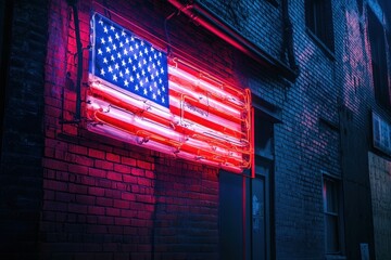 Neon American flag glowing on dark brick wall in urban alleyway at night