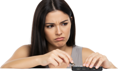 Concerned Woman Connecting USB Cable to a Hub Expressing Frustration