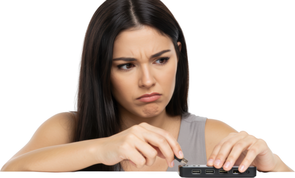Concerned Woman Connecting USB Cable to a Hub Expressing Frustration