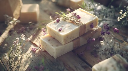 Exquisite handmade soaps elegantly wrapped in recycled paper with beautiful flowers on a natural wooden table