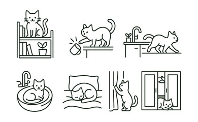 Cat behavior icons set – playful, curious, sleeping, exploring, mischievous