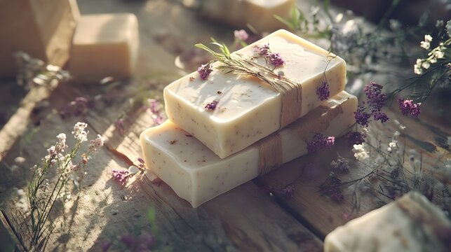 Exquisite handmade soaps elegantly wrapped in recycled paper with beautiful flowers on a natural wooden table