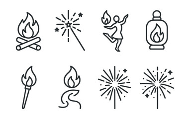 Fototapeta premium Bonfire celebration icons set – campfire, sparkler, dancing, flame, torch, fireworks