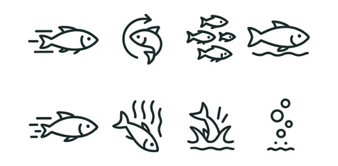 Set of fish icons – swimming, jumping, school, water, bubbles, stream