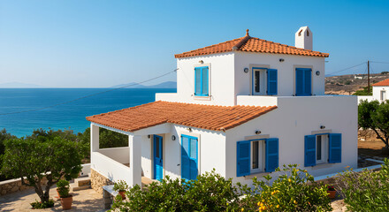 Fototapeta premium Picturesque Seaside Villa With Blue Shutters And Tiled Roof