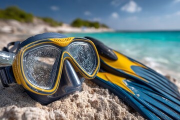 Snorkeling Gear on Sandy Beach with Crystal Clear Water and Bright Sunshine in Background