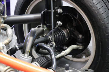 Drive system in electric cars. electric system of car front driving axle in the car. elements of the steering system