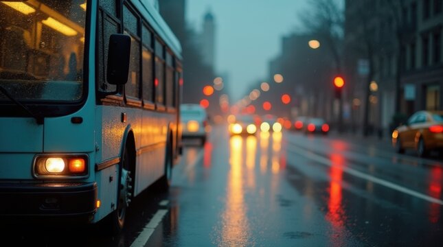 driving bus in city traffic in motion blur. Creative Banner. Copyspace image