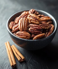 Fototapeta premium Deliciously roasted pecans in a dark bowl with cinnamon sticks on a textured black background showcasing a healthy snack and culinary ingredient